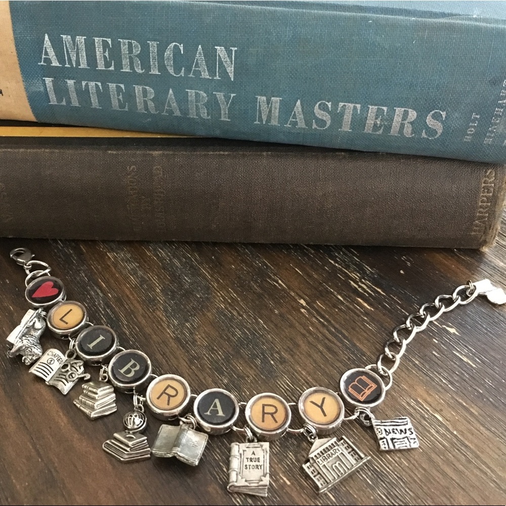 Library typewriter key book lover bracelet